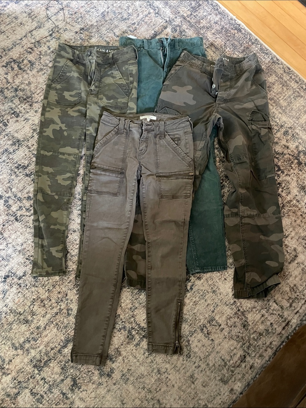 American Eagle & Joie Olive Green Camo Jeans- 2 camo, 1 green corduroy, 1 olive